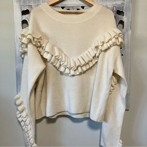 Frame Ruffle Yoke Ribbed Wool Blend Cream Knit Pullover Sweater - Picture 7 of 14
